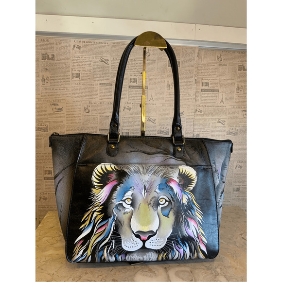 Anna by Anuschka Handpainted Leather Large Tote Animal Lion Black Tote Bag - Picture 12 of 13